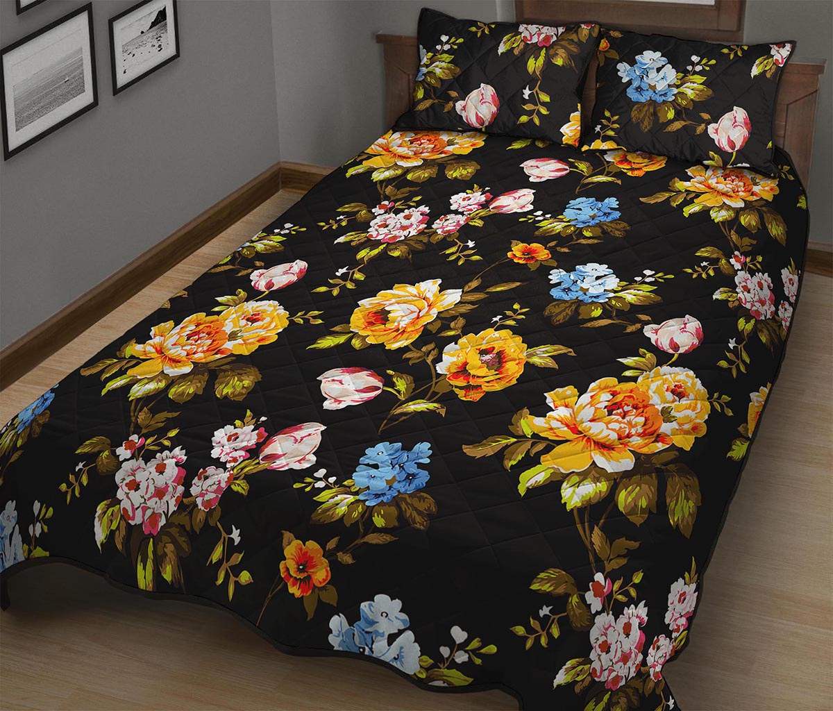 Vintage Floral Flower Pattern Print Quilt Bed Set