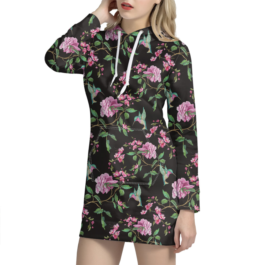 Vintage Floral Hummingbird Print Hoodie Dress