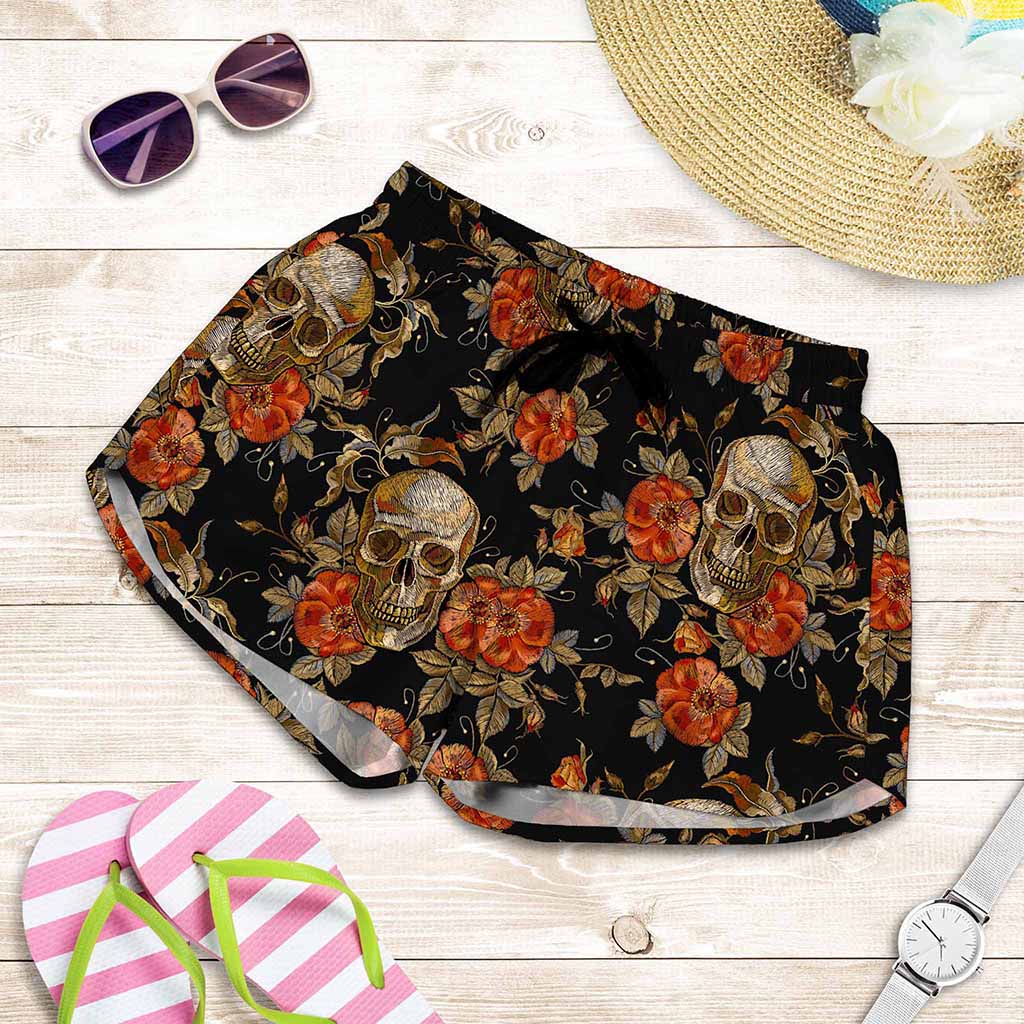 Vintage Floral Skull Pattern Print Women's Shorts