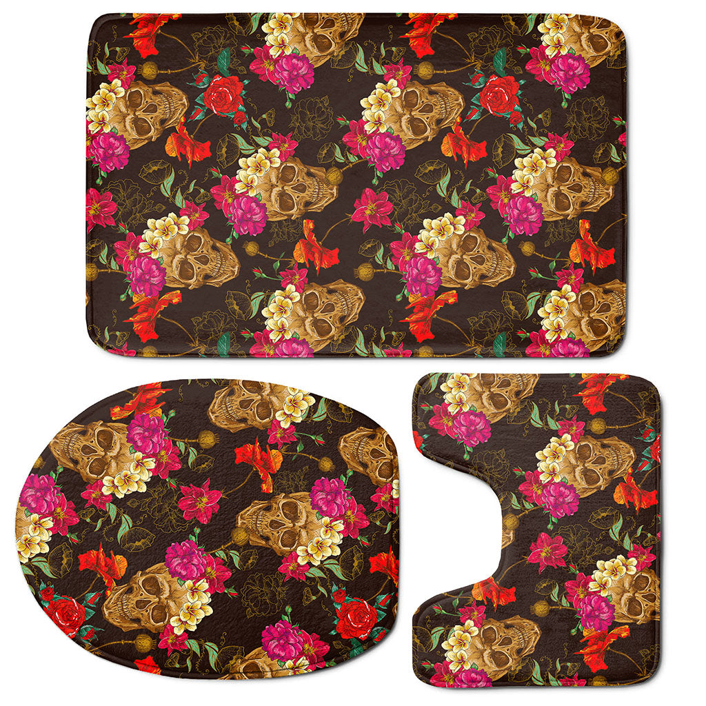 Vintage Flowers Skull Pattern Print 3 Piece Bath Mat Set