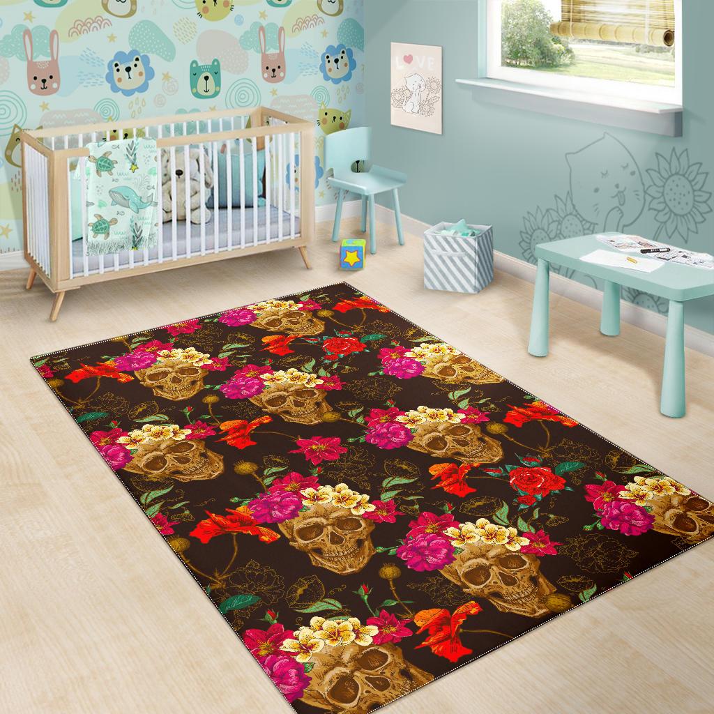 Vintage Flowers Skull Pattern Print Area Rug GearFrost