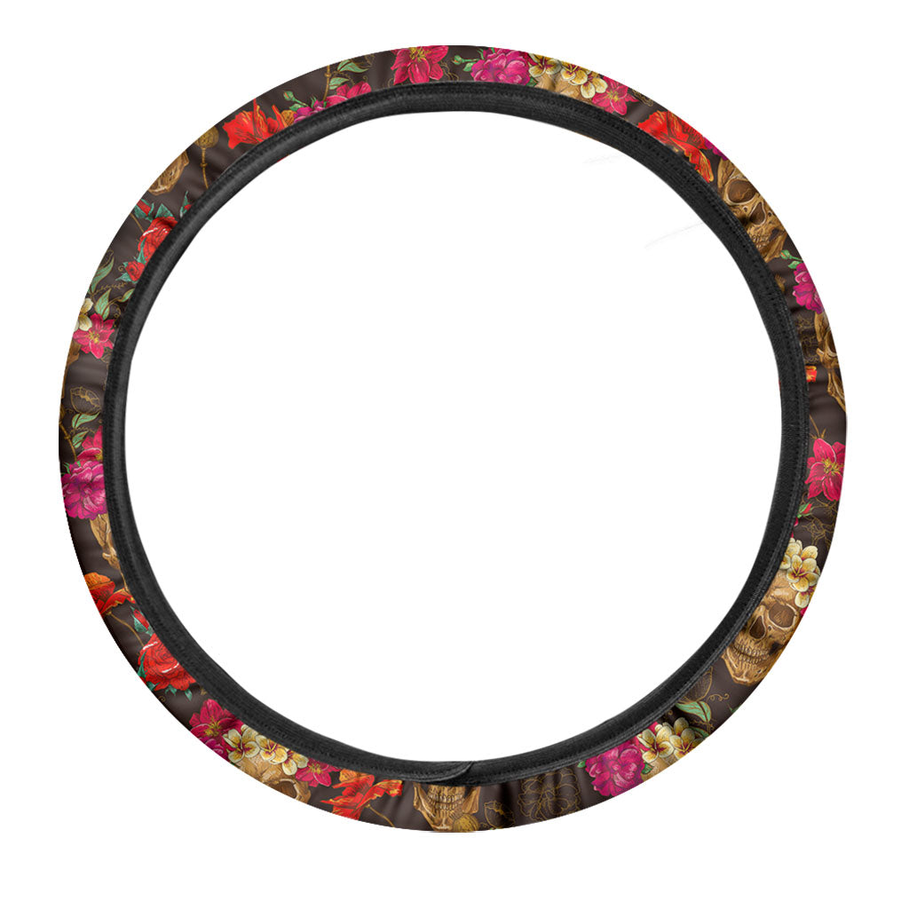 Vintage Flowers Skull Pattern Print Car Steering Wheel Cover