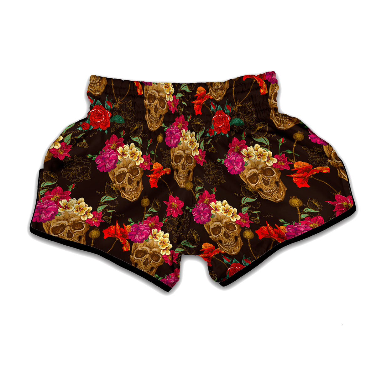 Vintage Flowers Skull Pattern Print Muay Thai Boxing Shorts