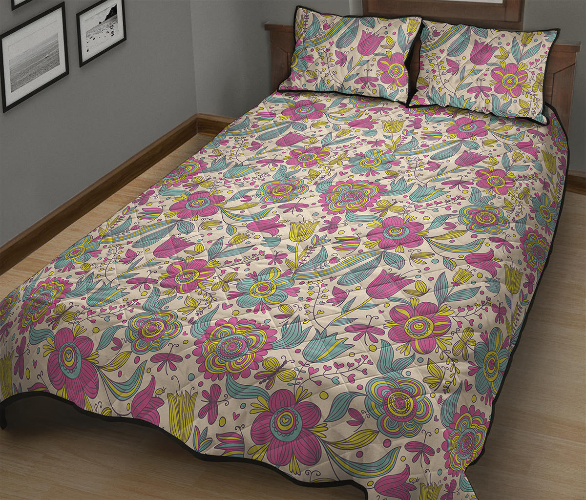 Vintage Girly Floral Print Quilt Bed Set