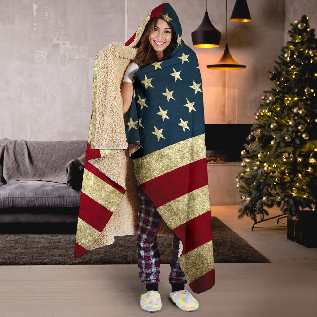 Vintage Grunge American Flag Patriotic Hooded Blanket GearFrost