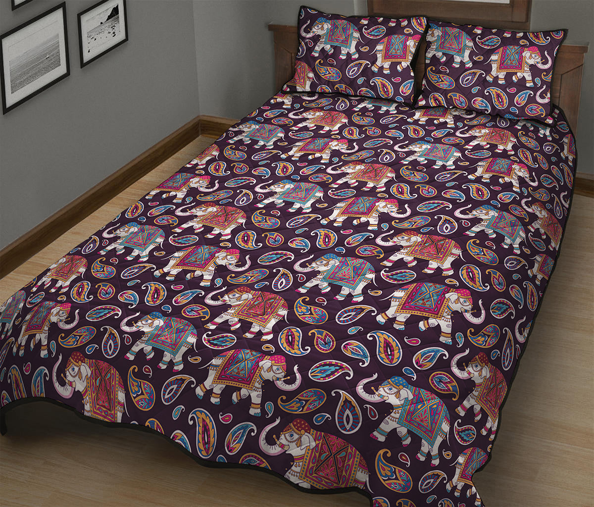 Vintage Indian Elephant Pattern Print Quilt Bed Set