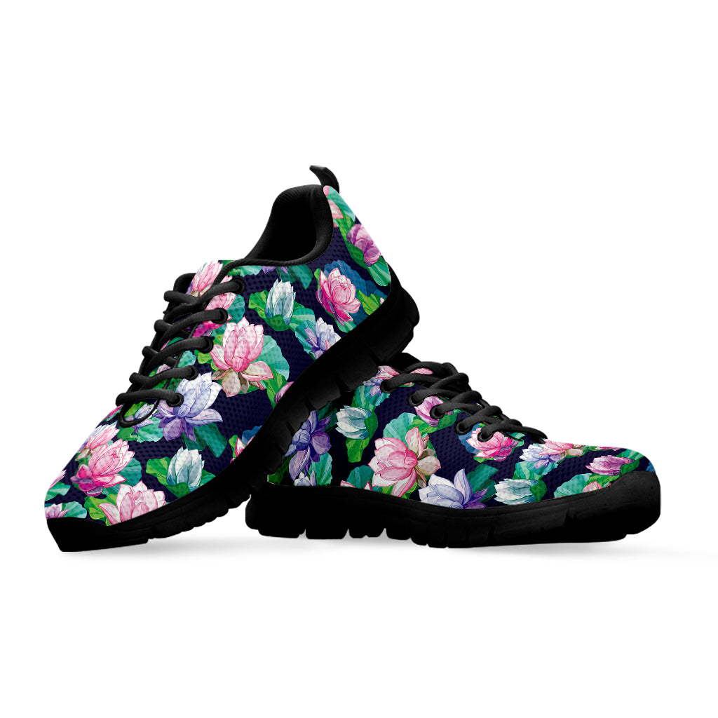 Vintage Lotus Floral Print Black Sneakers