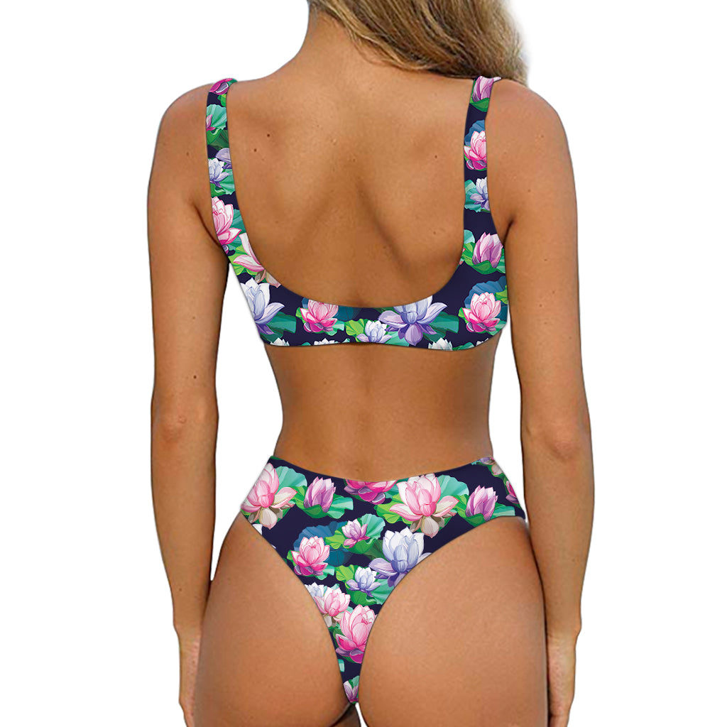 Vintage Lotus Floral Print Front Bow Tie Bikini