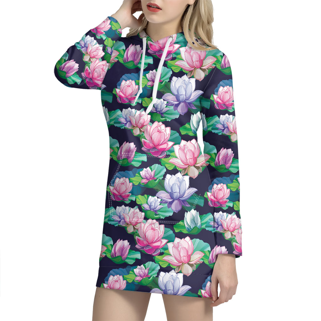 Vintage Lotus Floral Print Hoodie Dress