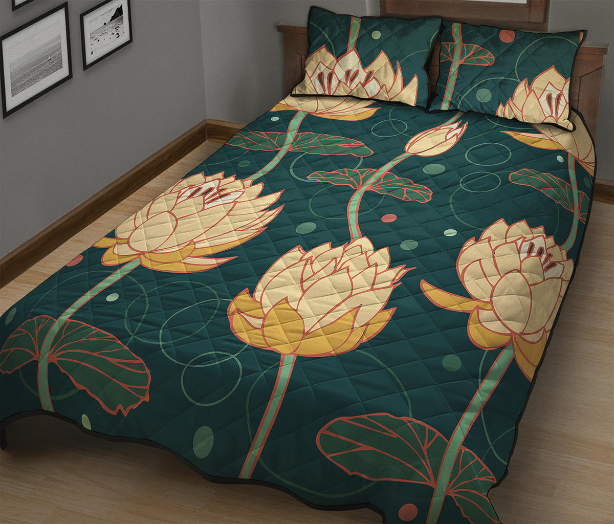Vintage Lotus Pattern Print Quilt Bed Set