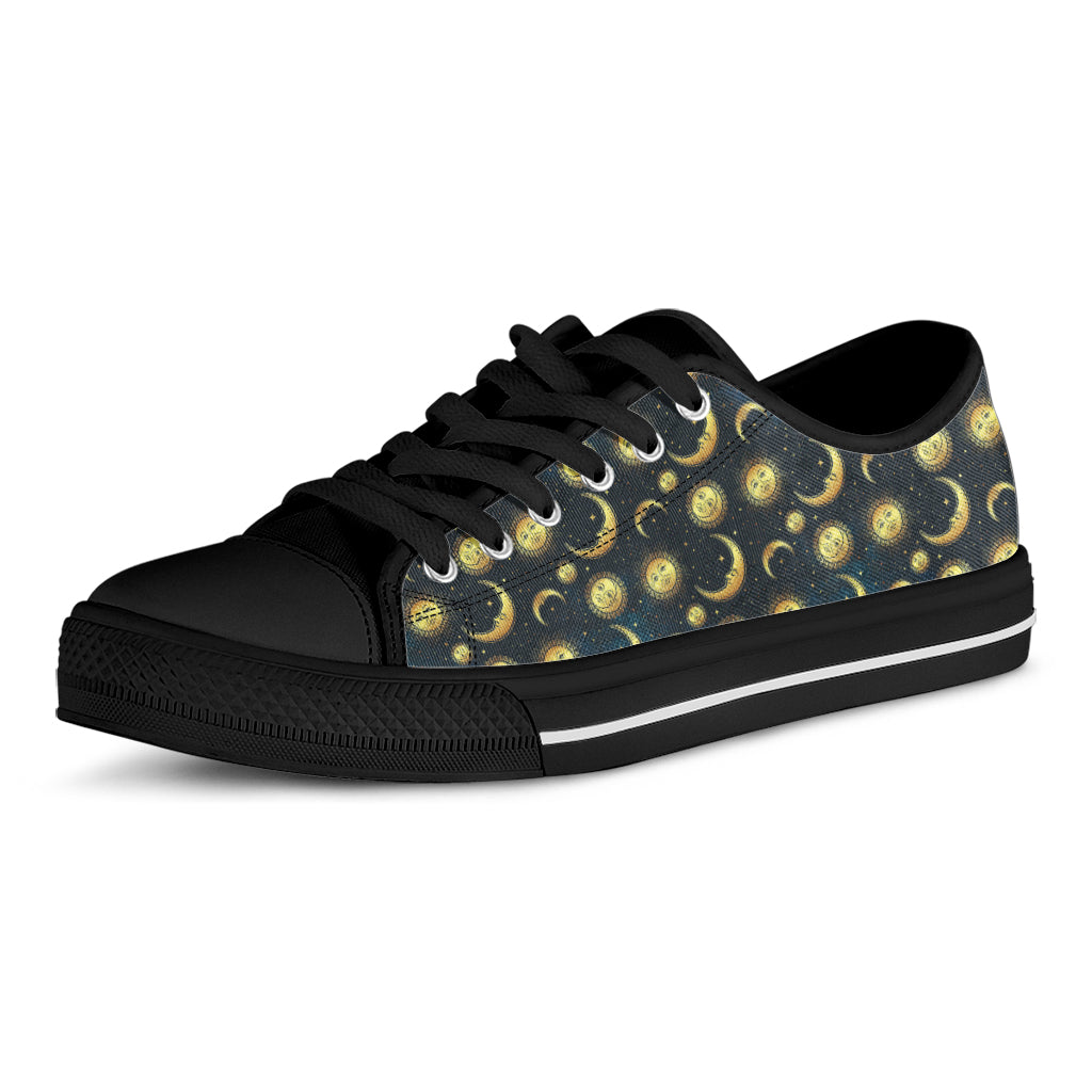 Vintage Moon And Sun Pattern Print Black Low Top Shoes