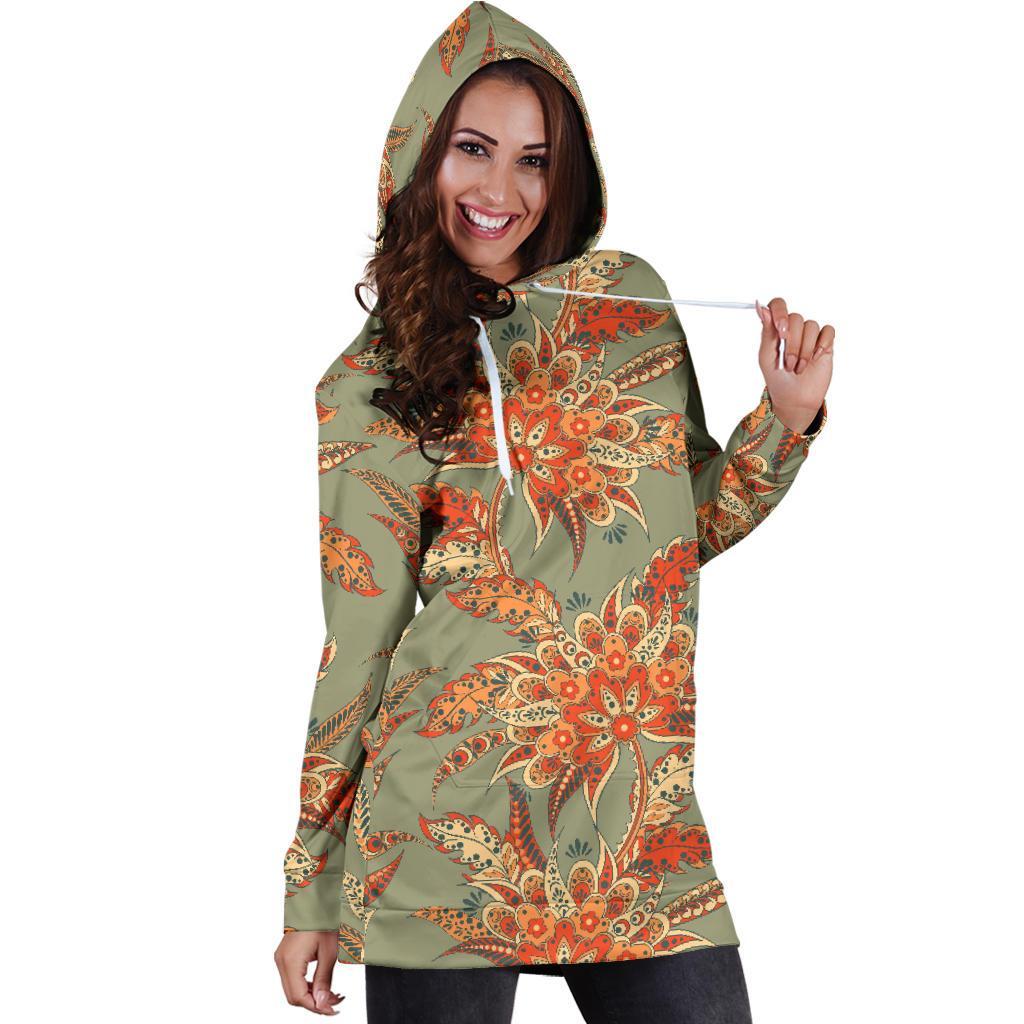 Vintage Orange Bohemian Floral Print Hoodie Dress GearFrost