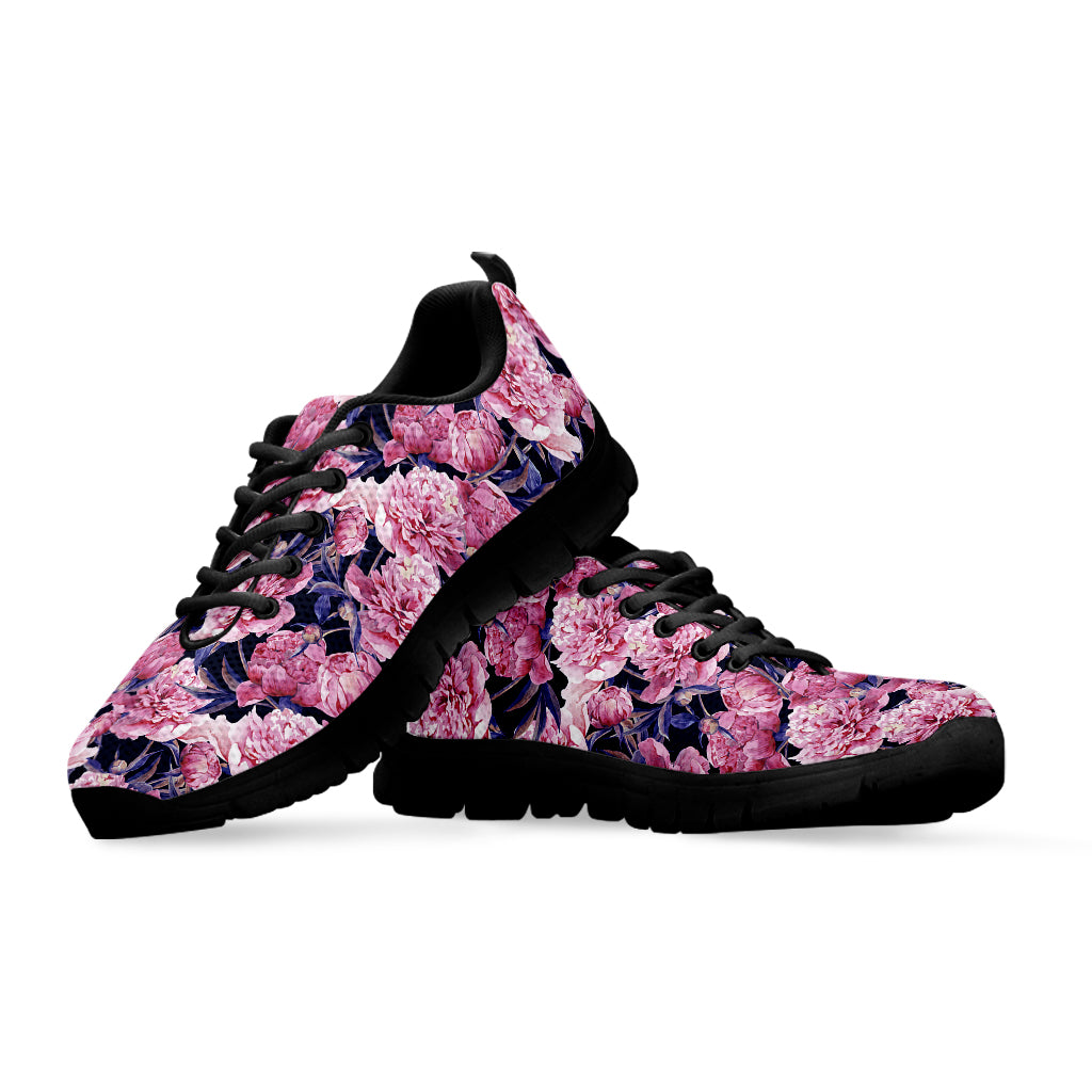 Vintage Pink Peony Floral Print Black Sneakers