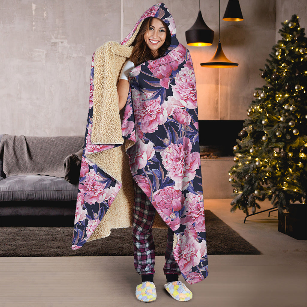 Vintage Pink Peony Floral Print Hooded Blanket