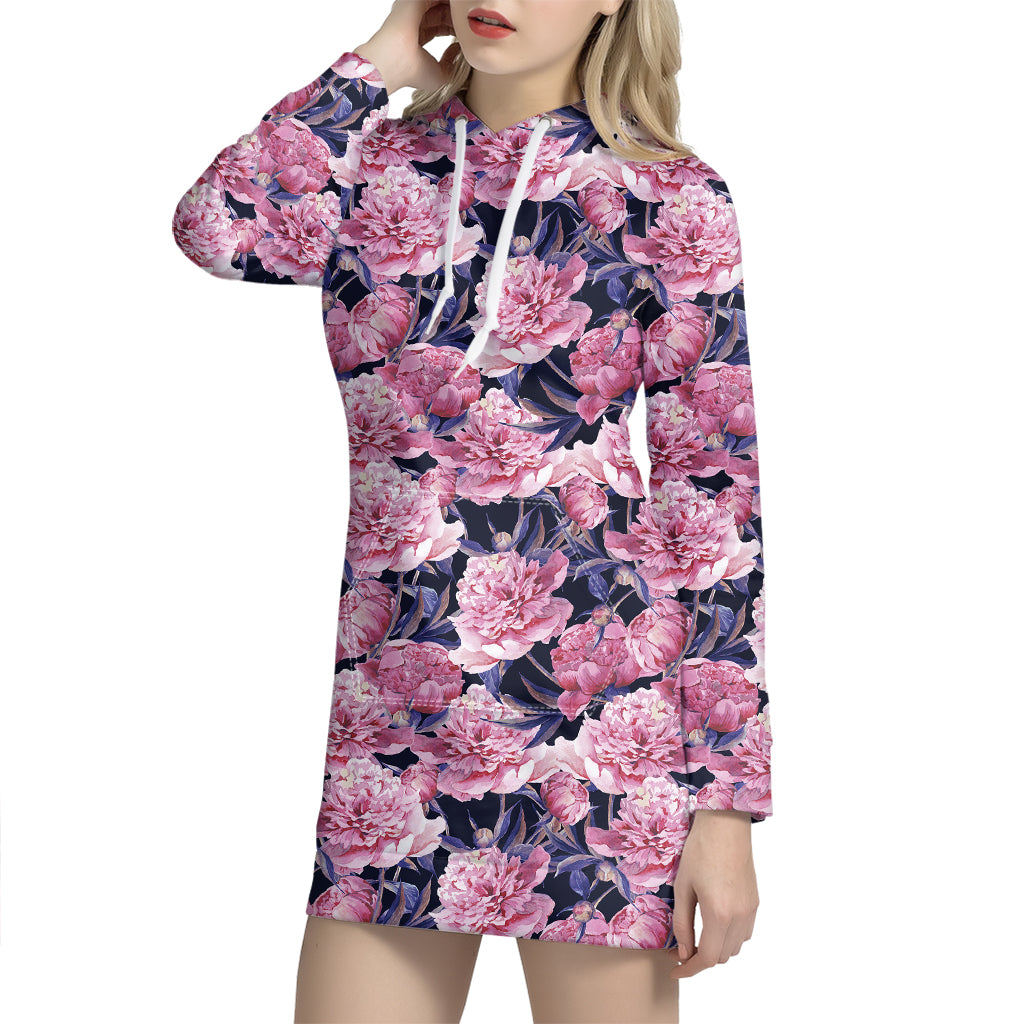 Vintage Pink Peony Floral Print Hoodie Dress