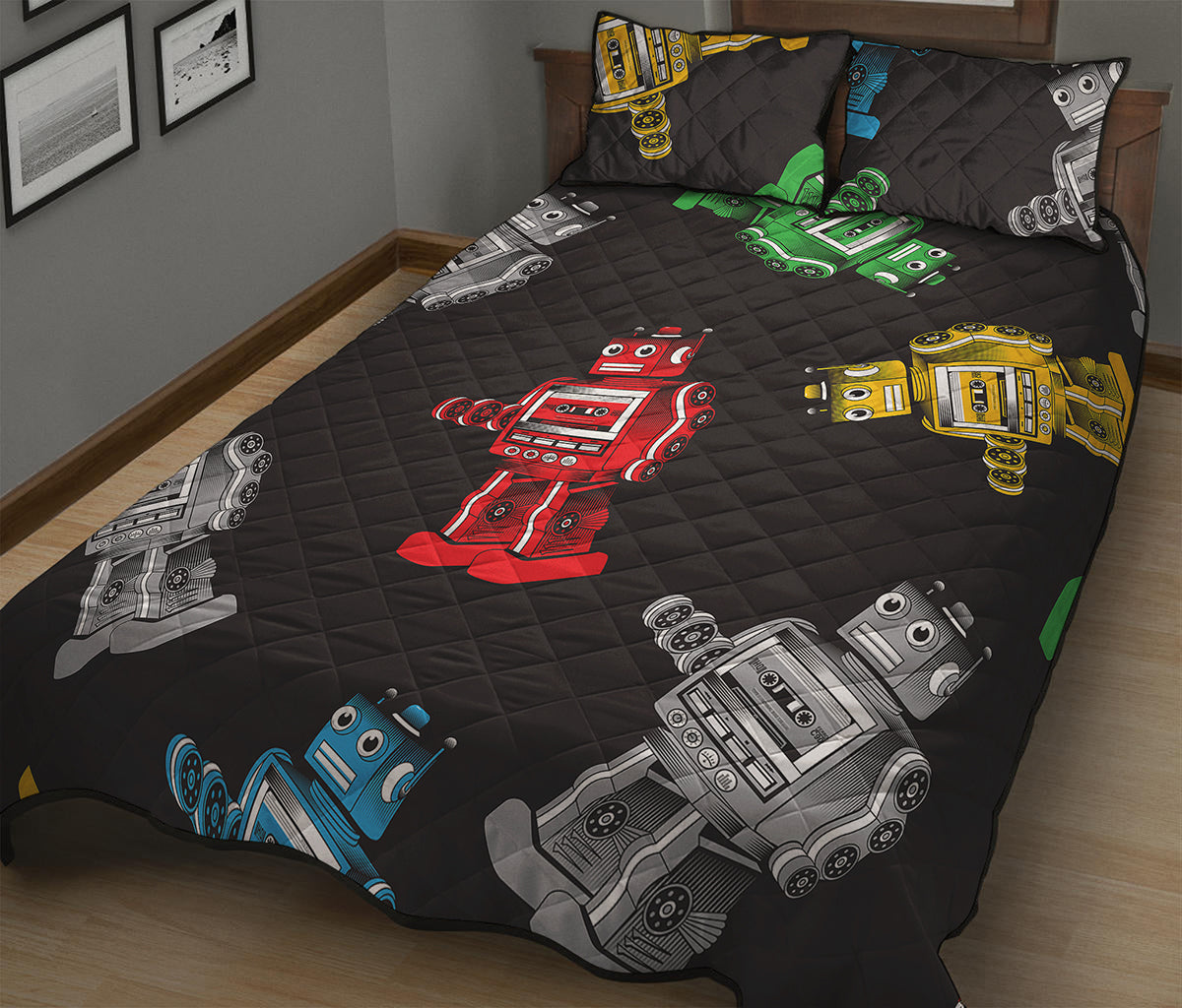Vintage Robot Pattern Print Quilt Bed Set