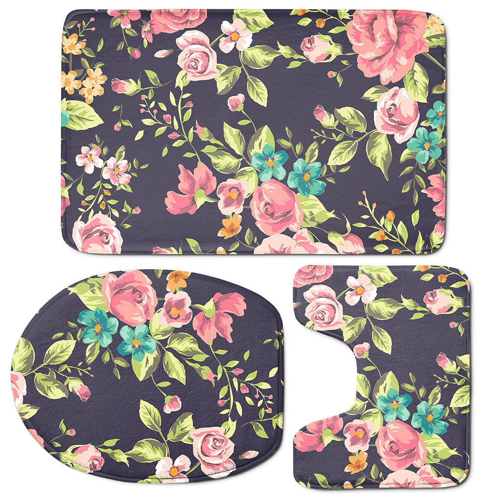 Vintage Rose Floral Flower Pattern Print 3 Piece Bath Mat Set