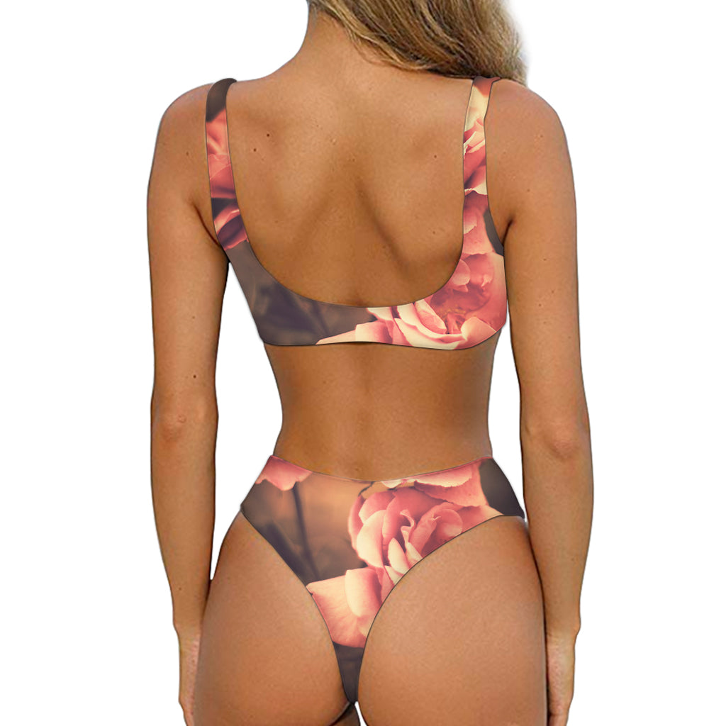 Vintage Rose Print Front Bow Tie Bikini