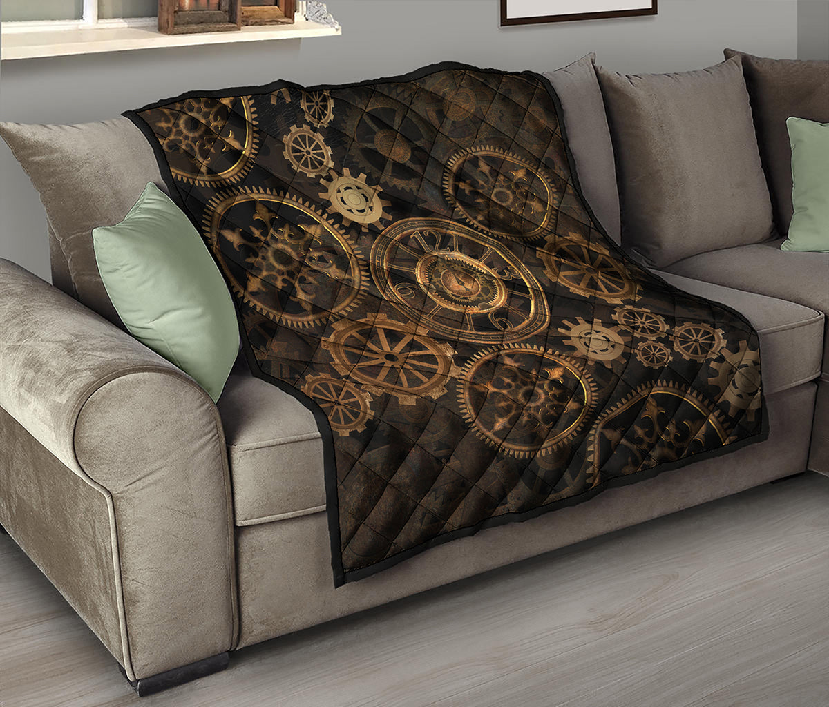 Vintage Steampunk Gears Print Quilt
