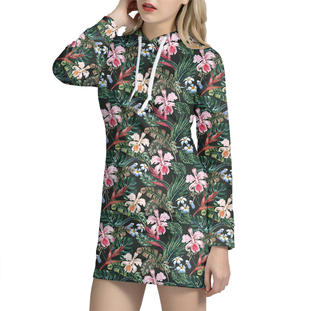 Vintage Tropical Exotic Hawaiian Print Hoodie Dress
