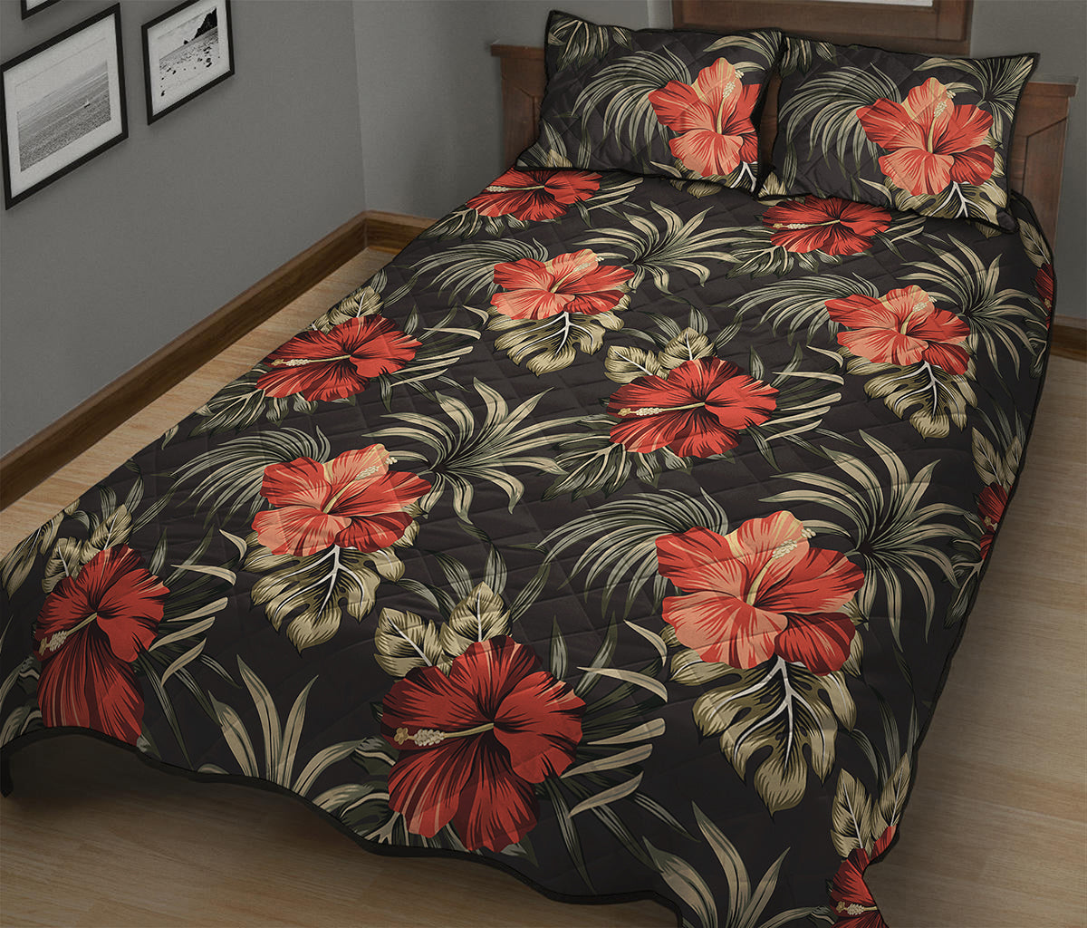 Vintage Tropical Hibiscus Floral Print Quilt Bed Set