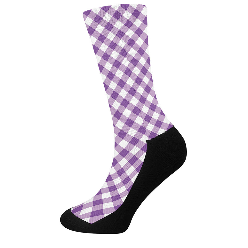 Violet And White Gingham Pattern Print Crew Socks