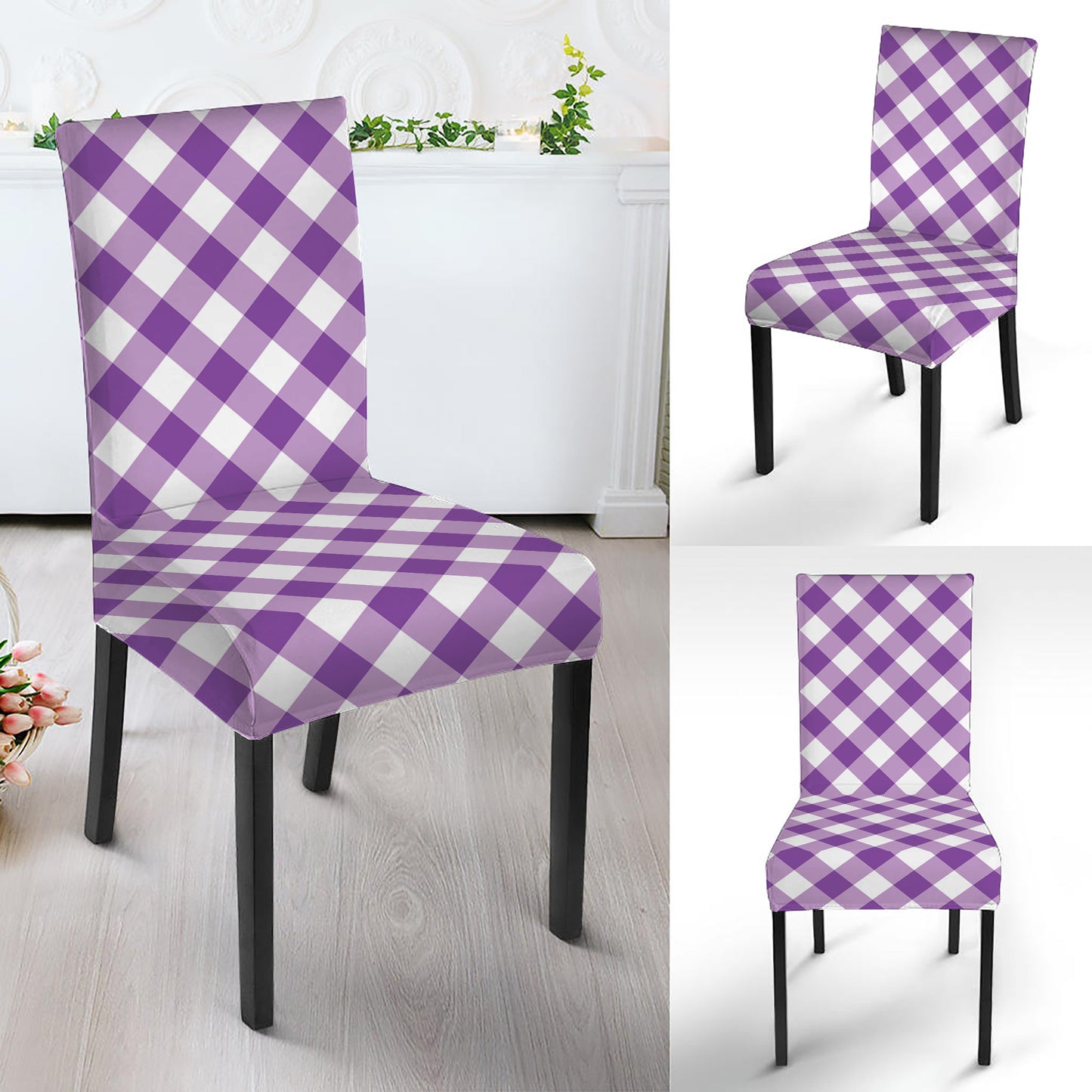 Violet And White Gingham Pattern Print Dining Chair Slipcover