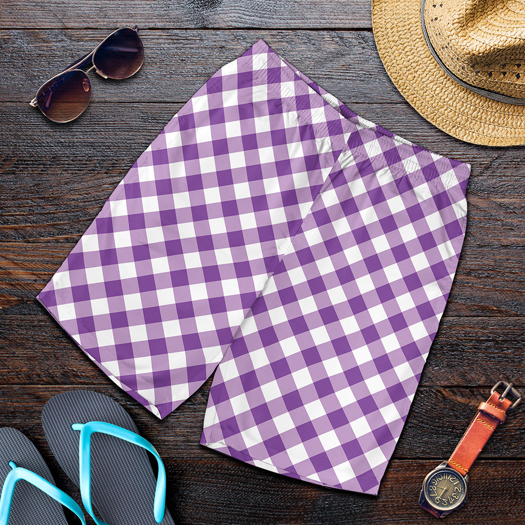 Violet And White Gingham Pattern Print Men's Shorts