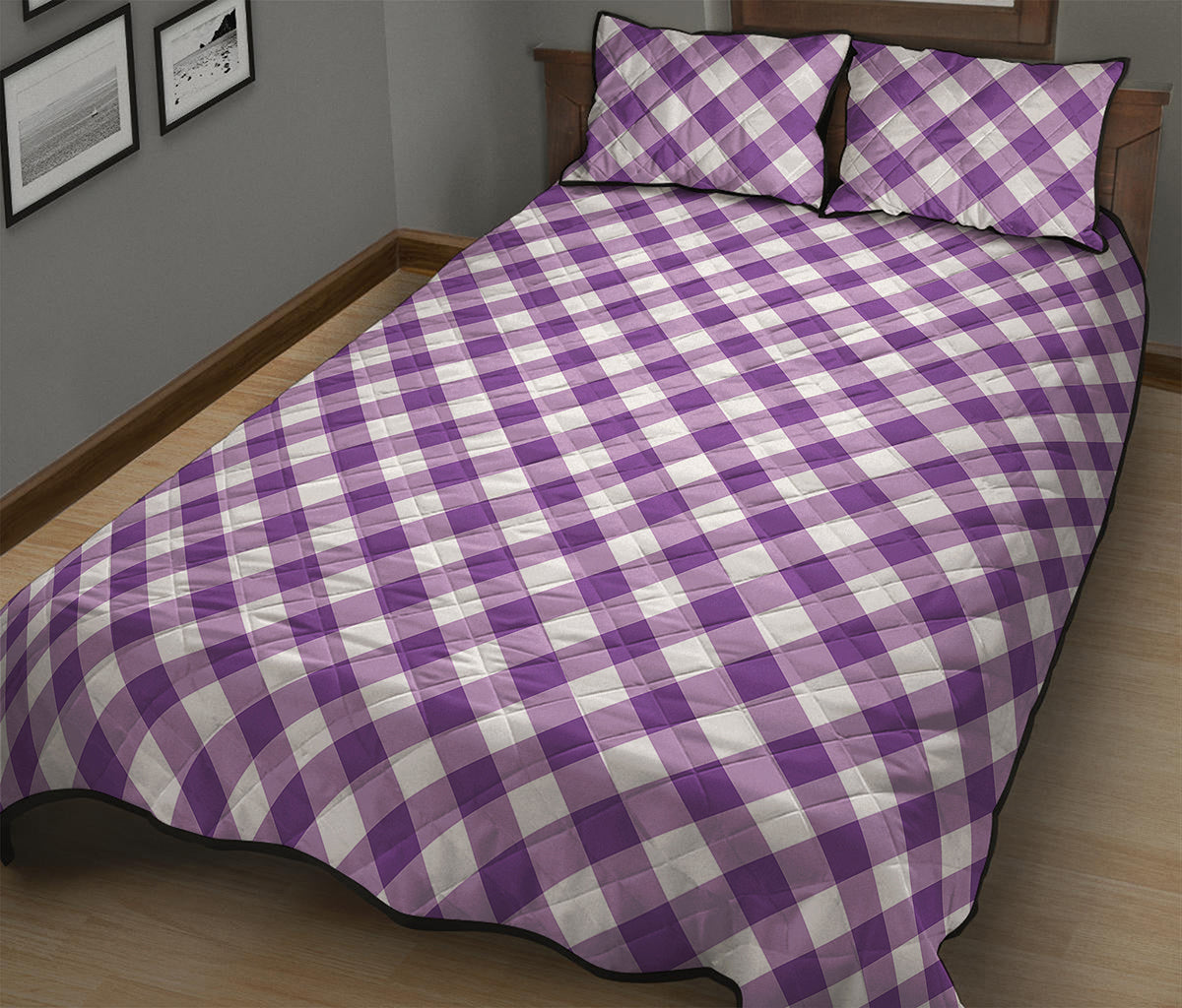 Violet And White Gingham Pattern Print Quilt Bed Set