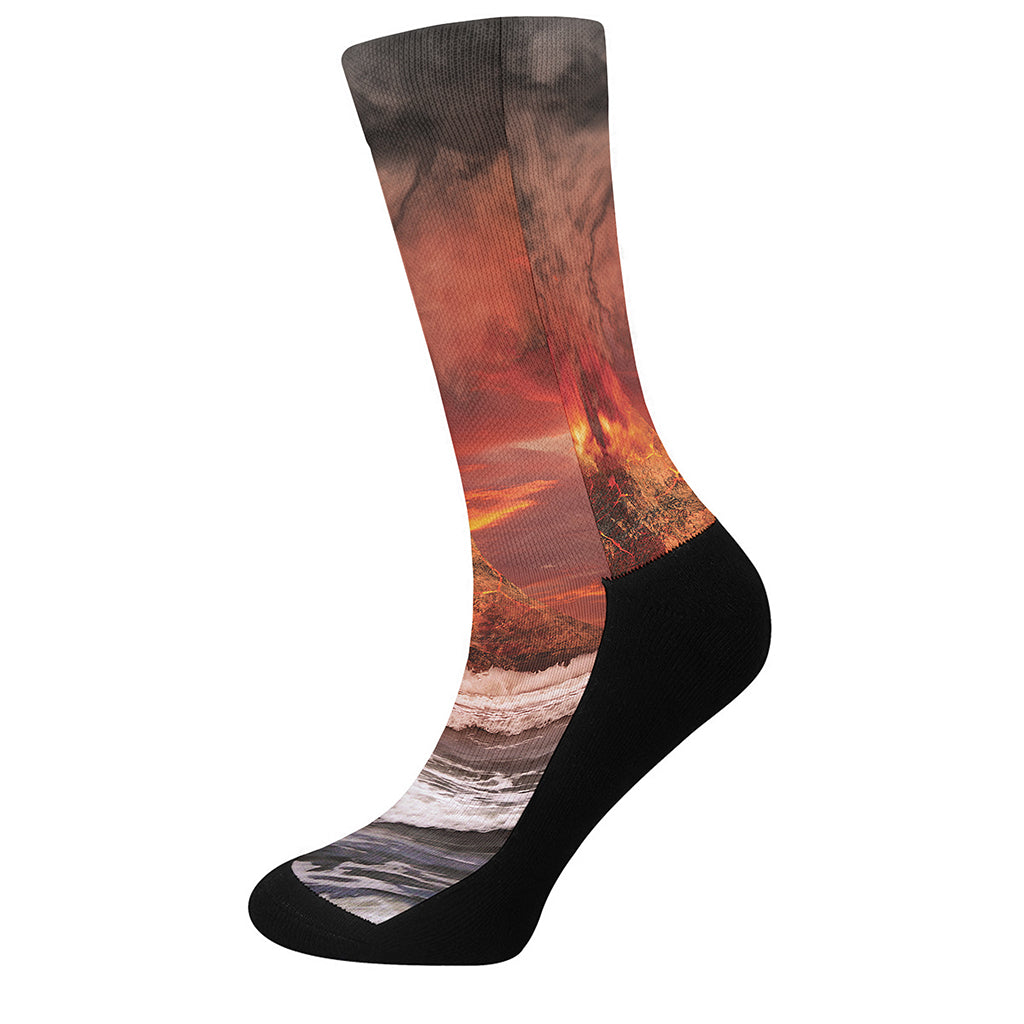 Volcano On The Sea Print Crew Socks