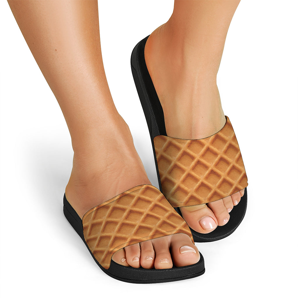 Waffle Pattern Print Black Slide Sandals