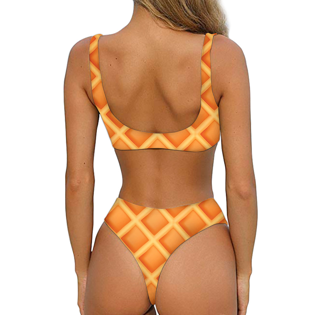 Waffle Texture Print Front Bow Tie Bikini