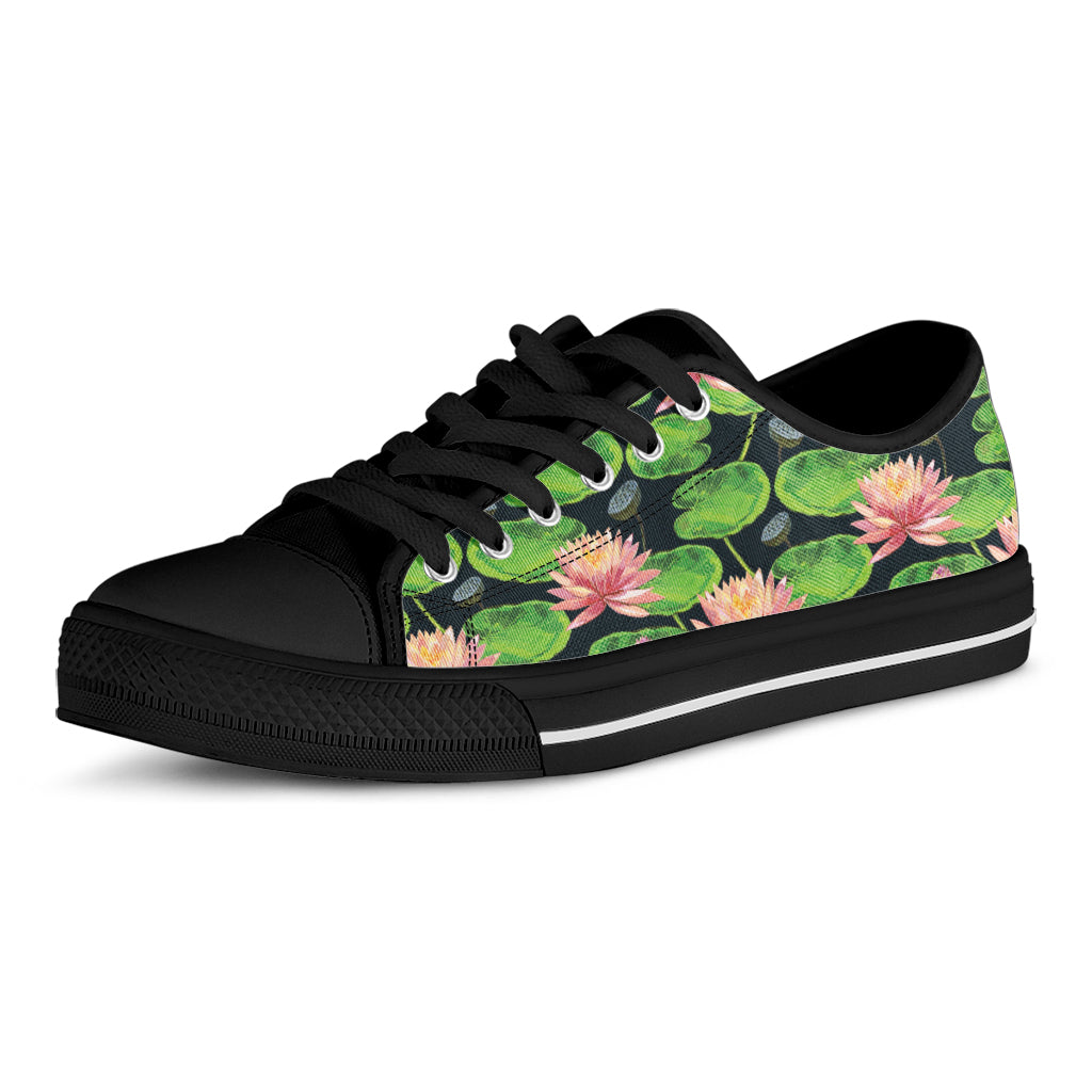 Water Lily Flower Pattern Print Black Low Top Shoes