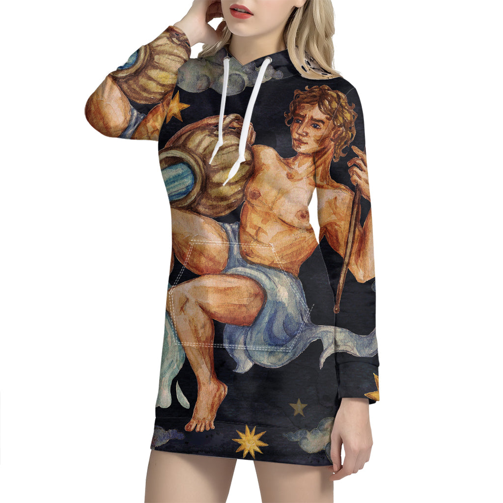 Watercolor Aquarius Zodiac Sign Print Pullover Hoodie Dress