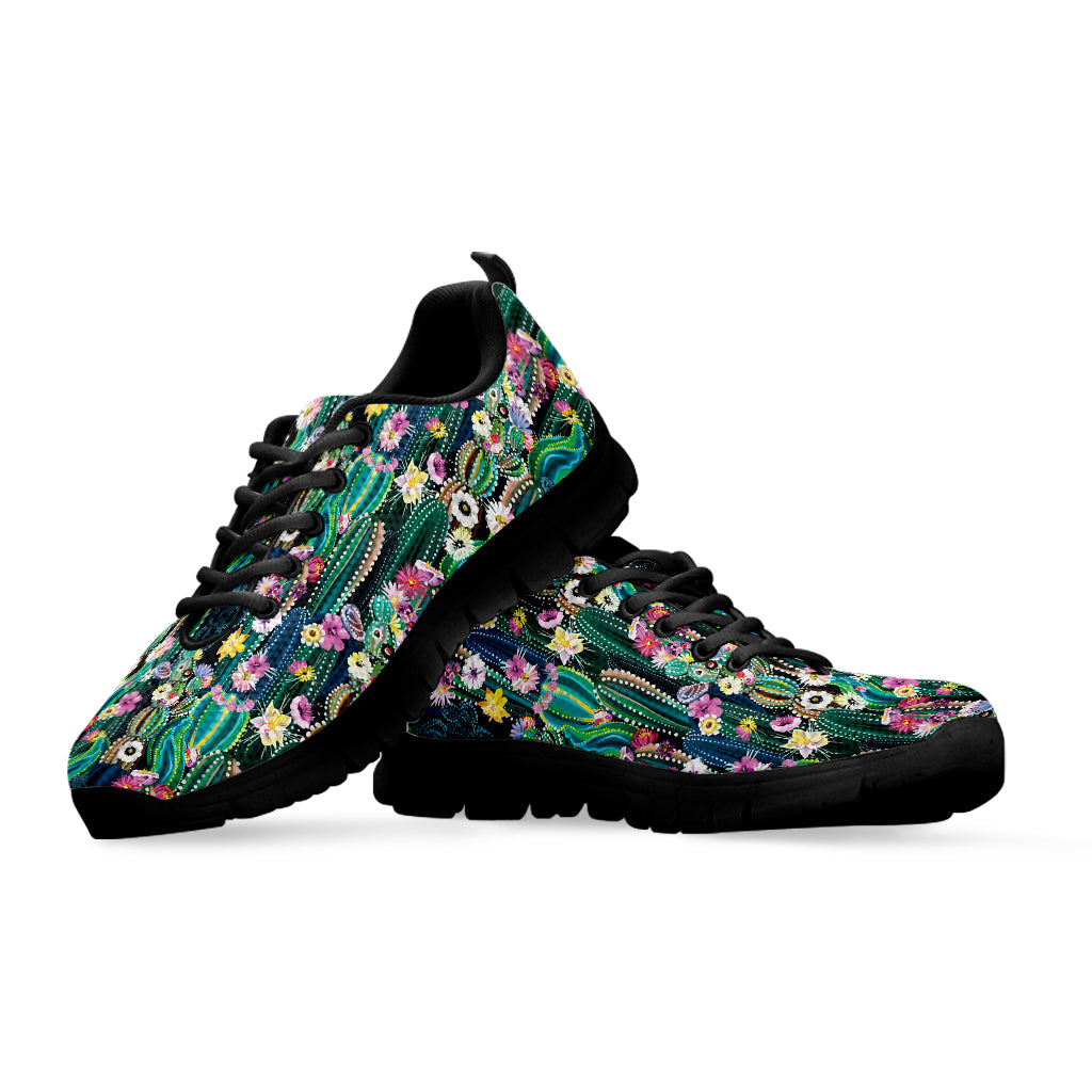 Watercolor Blooming Cactus Print Black Sneakers