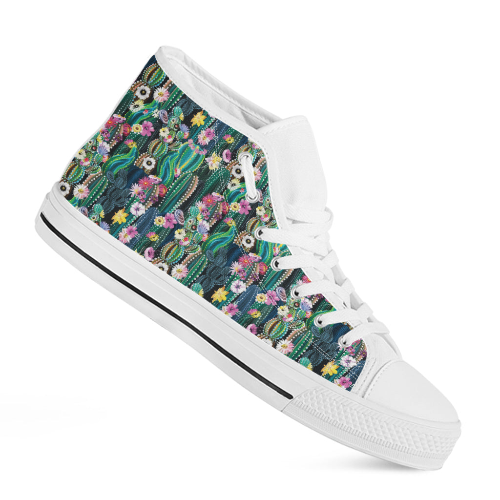Watercolor Blooming Cactus Print White High Top Shoes