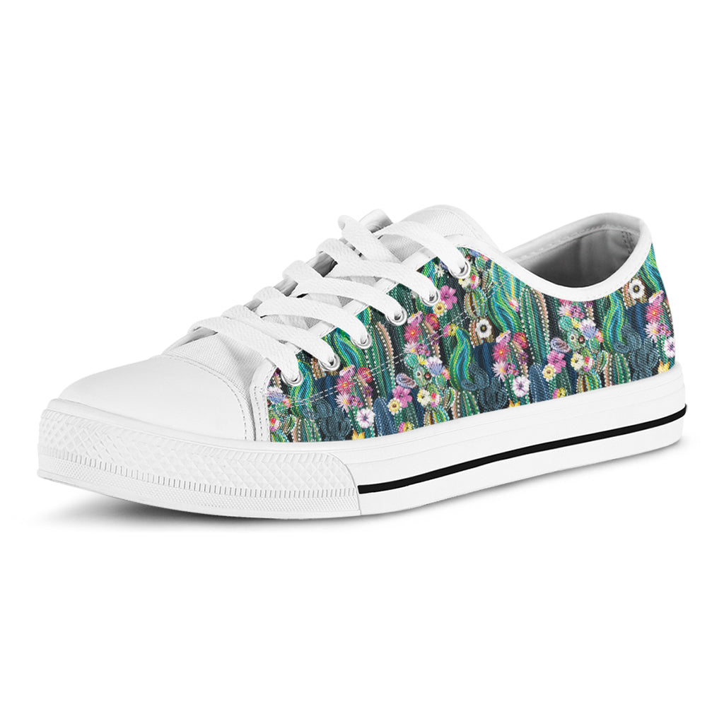 Watercolor Blooming Cactus Print White Low Top Shoes