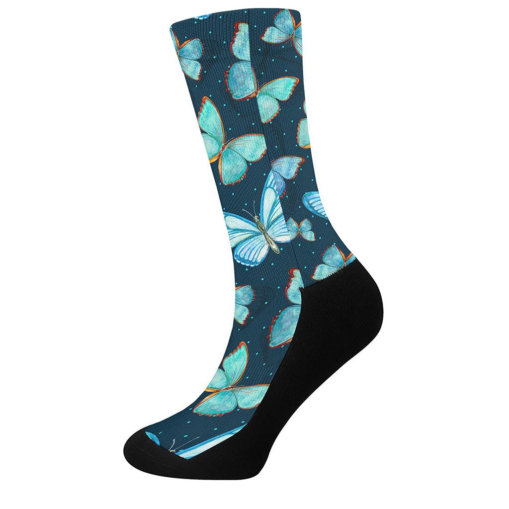 Watercolor Blue Butterfly Pattern Print Crew Socks