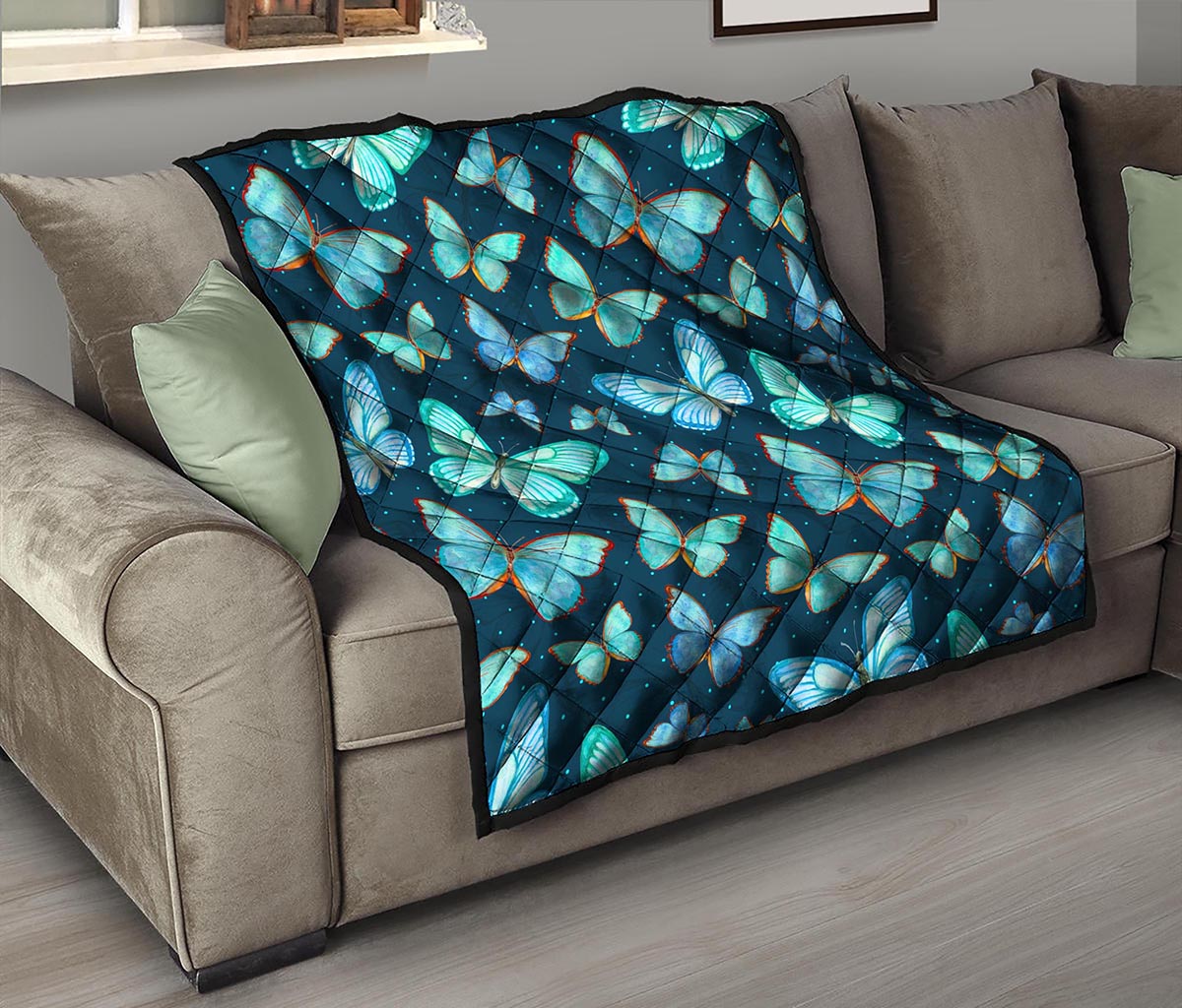Watercolor Blue Butterfly Pattern Print Quilt