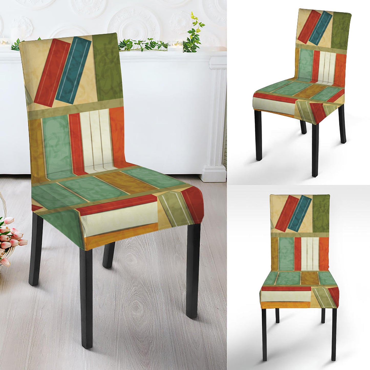 Watercolor Bookshelf Pattern Print Dining Chair Slipcover