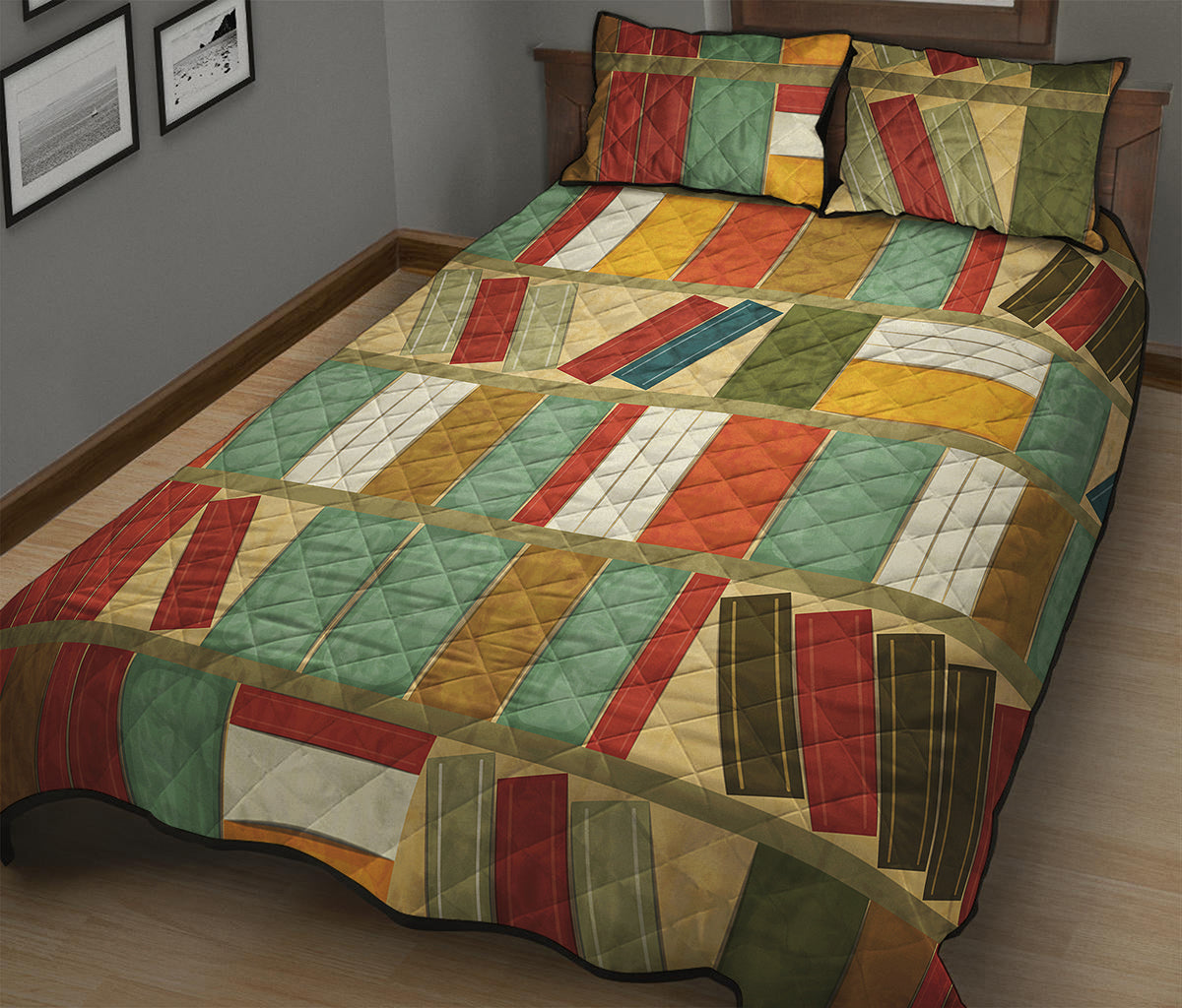 Watercolor Bookshelf Pattern Print Quilt Bed Set