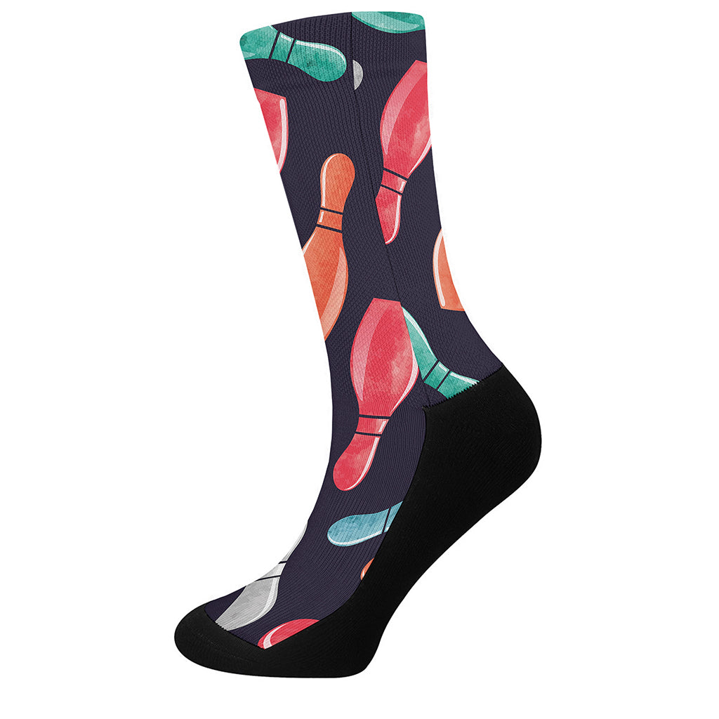 Watercolor Bowling Pins Pattern Print Crew Socks