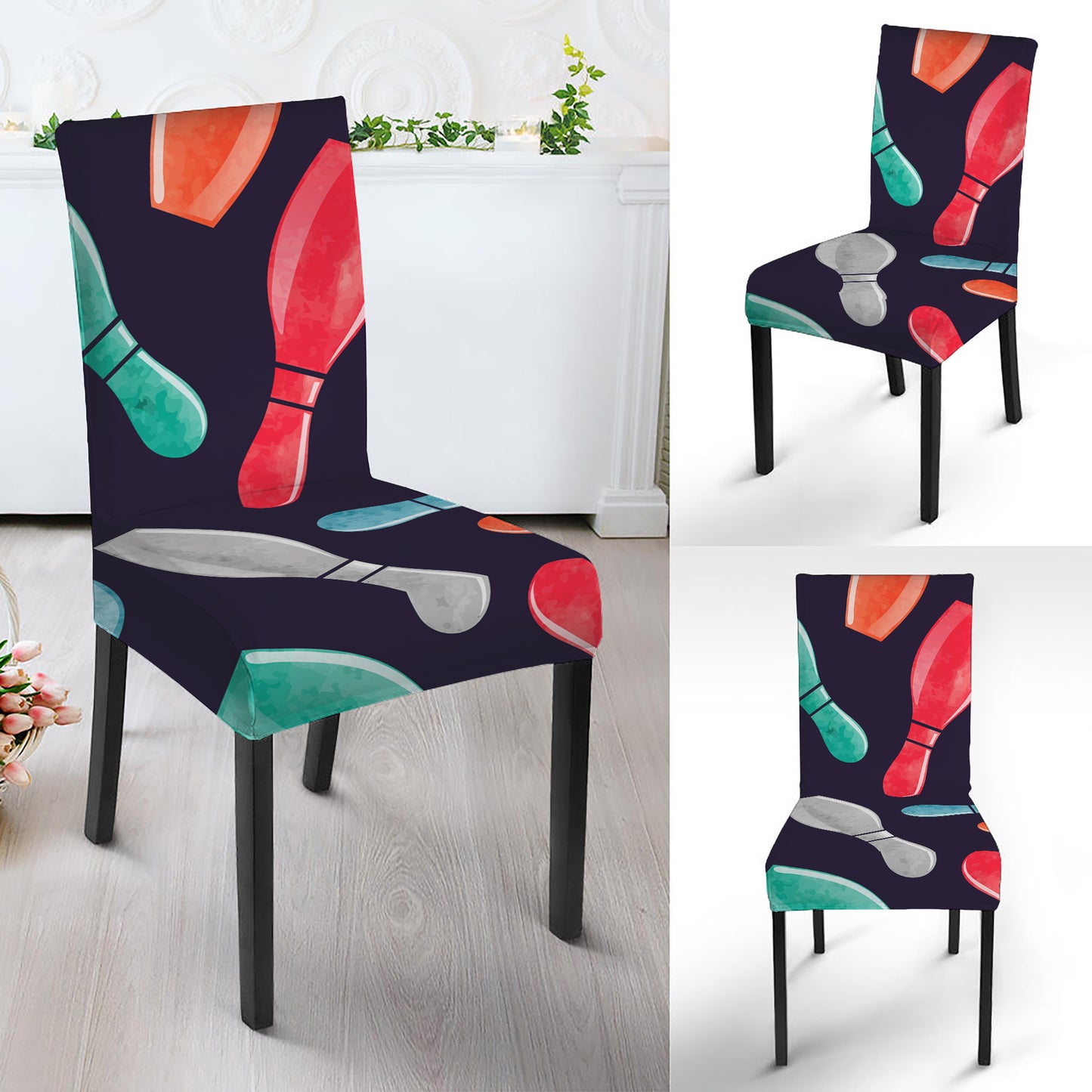 Watercolor Bowling Pins Pattern Print Dining Chair Slipcover