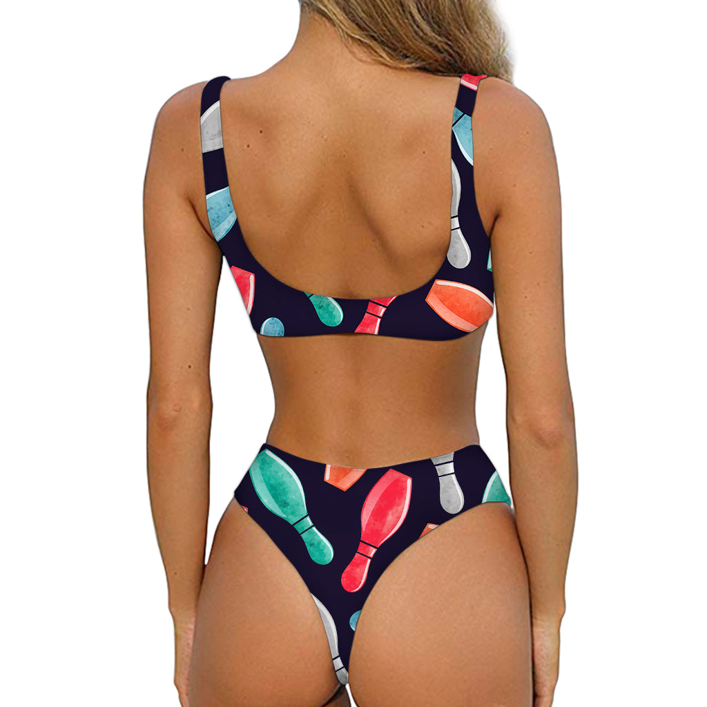 Watercolor Bowling Pins Pattern Print Front Bow Tie Bikini
