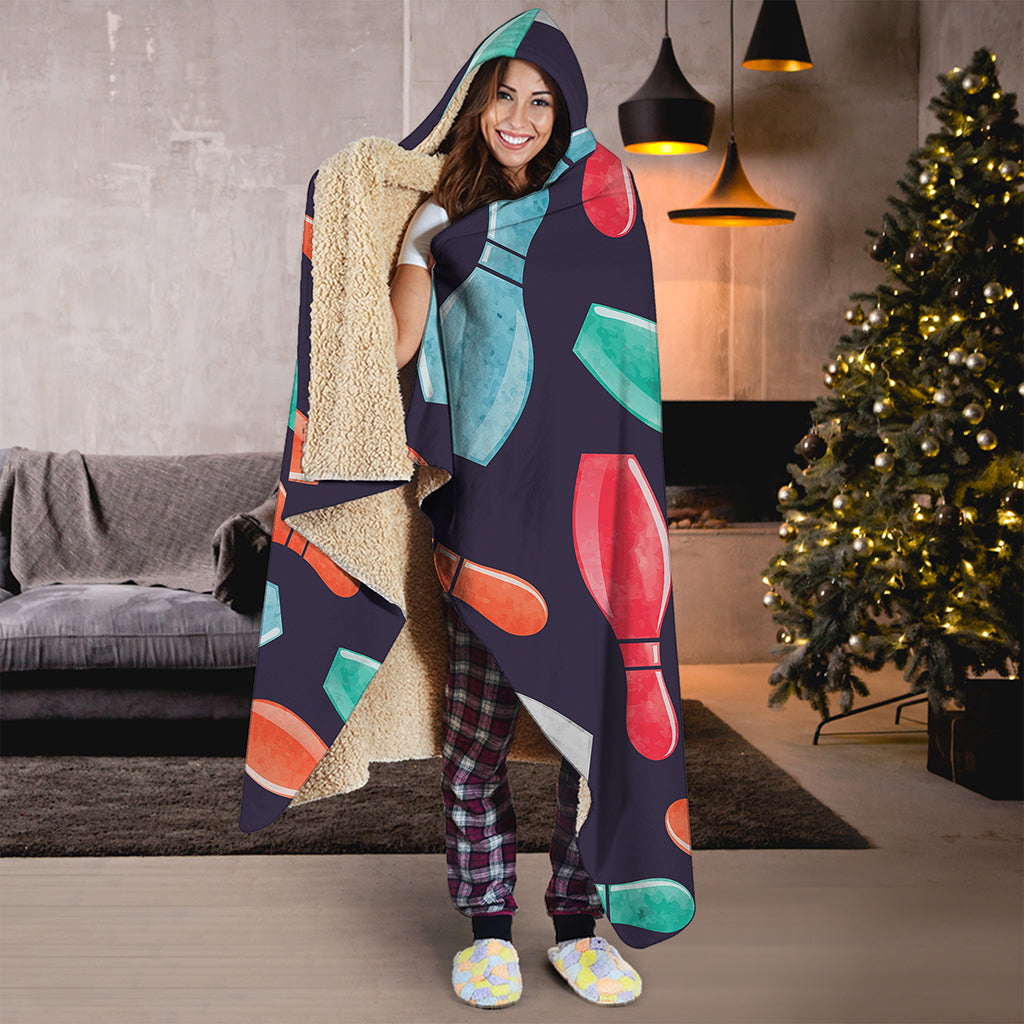 Watercolor Bowling Pins Pattern Print Hooded Blanket