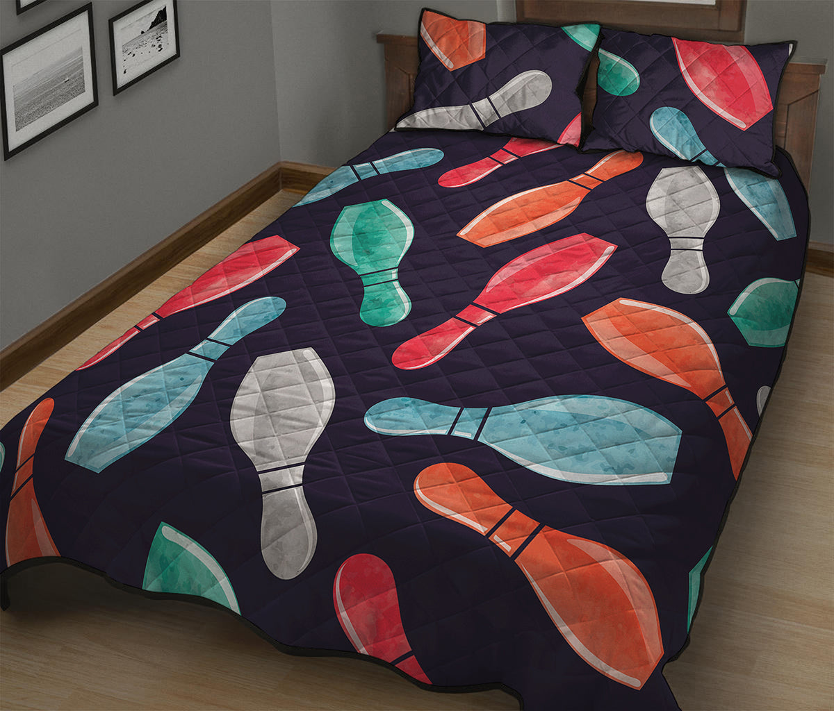 Watercolor Bowling Pins Pattern Print Quilt Bed Set