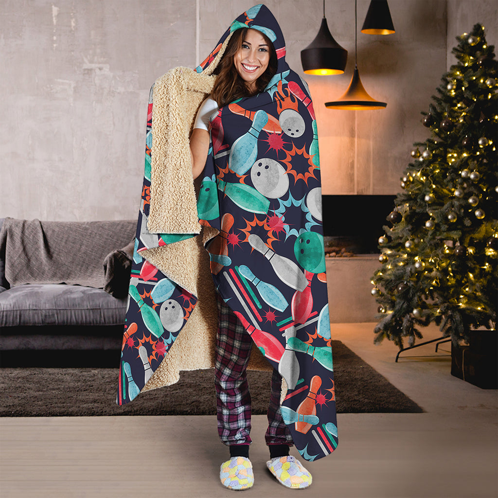 Watercolor Bowling Theme Pattern Print Hooded Blanket