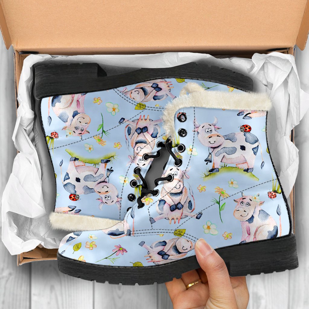 Watercolor Cartoon Cow Pattern Print Comfy Boots GearFrost