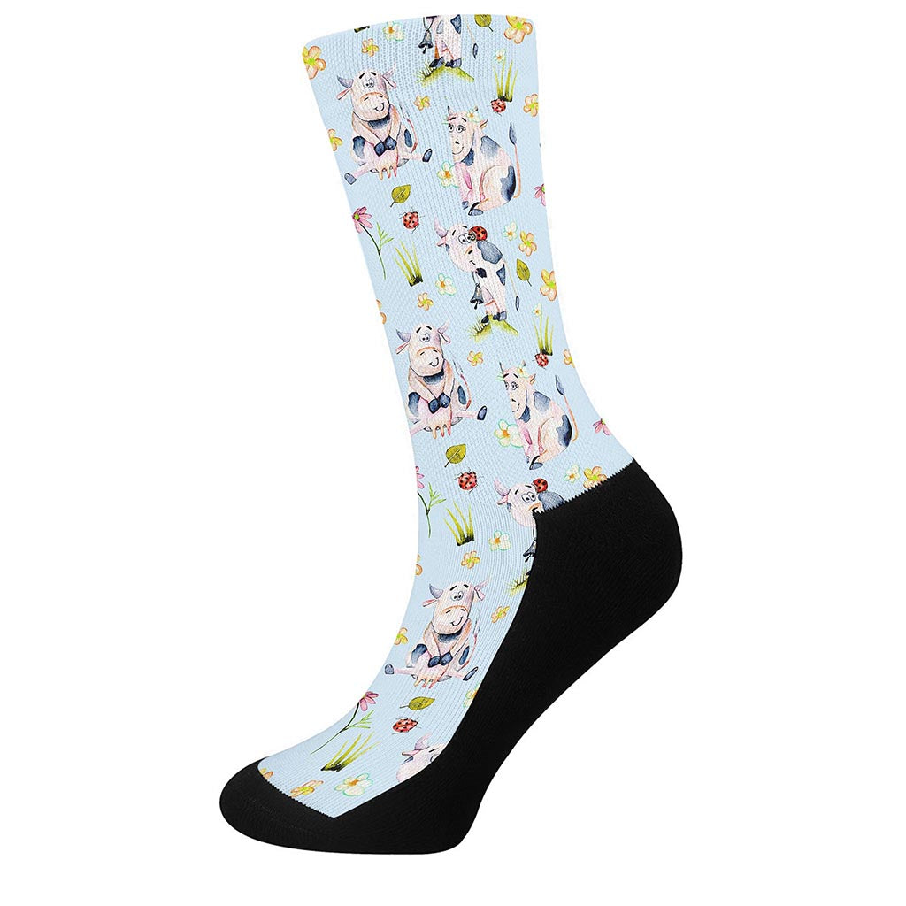Watercolor Cartoon Cow Pattern Print Crew Socks