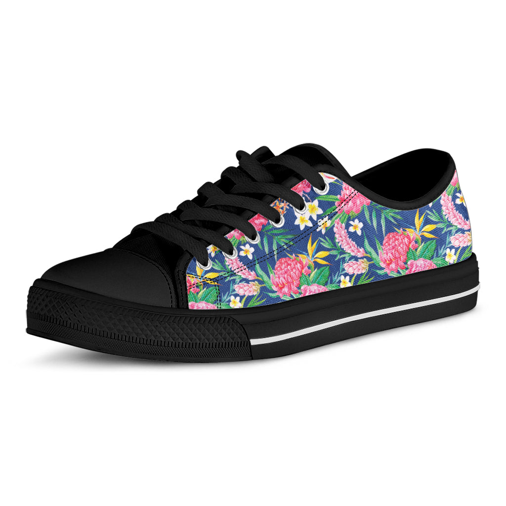 Watercolor Chrysanthemum Pattern Print Black Low Top Shoes